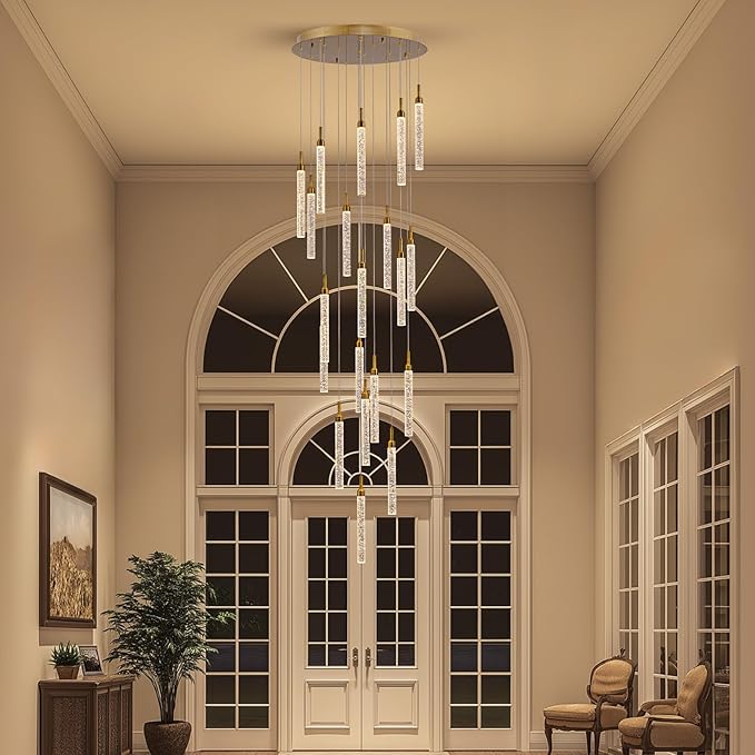 SNZ 20-Light Gold Crystal Chandelier, High Ceiling Chandelier for Staircase, Modern LED Dimmable Pendant Light Fixture for Entryway Hallway Living Room, 157in, Gold