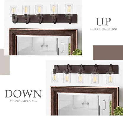 Emliviar 5-Light Metal Bath Vanity Lighting Fixture, Farmhouse Wall Sconce Over Mirror with Clear Glass, Oil Rubbed Bronze Finish, YCE237B-5W ORB