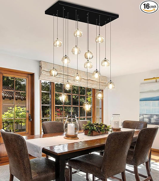 HAIXIANG W27.6 x D11.8 x H118 Rectangular Glam Chandelier Bubble Crystal Ceiling Pendant Lights Dimmable High Ceiling Chandeliers Fixtures Adjustable Long Lights Black