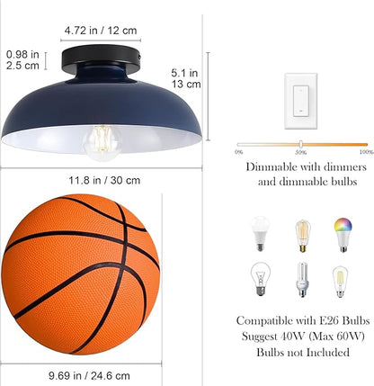 2 Pack 12 Inch Metal Semi Flush Mount Ceiling Light Fixture Industrial Small Ceiling Lights Kitchen Lighting Fixtures Ceiling with Navy Blue Shade for Hallway Entryway Bedroom Foyer Bathroom Laundry