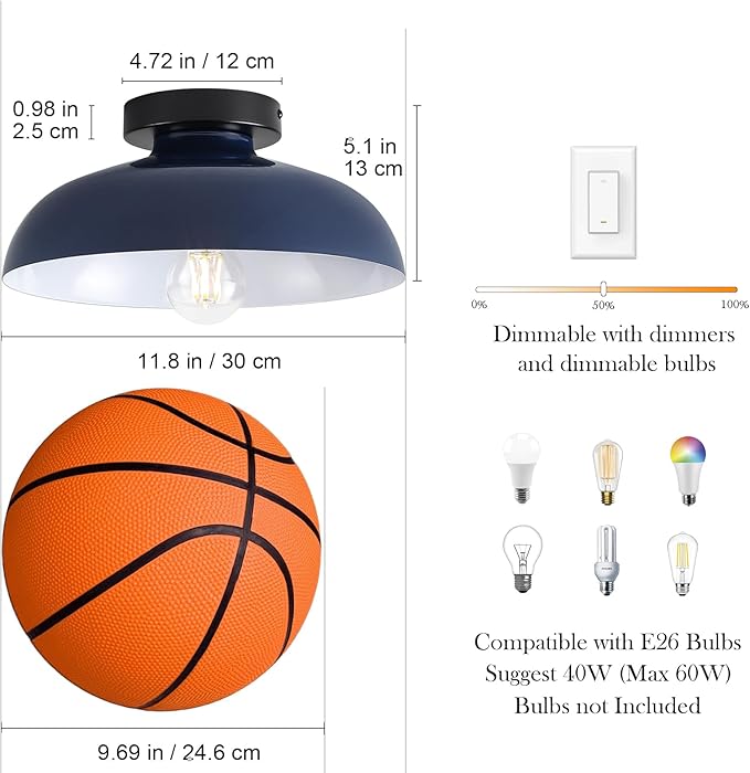 12 Inch Metal Semi Flush Mount Ceiling Light Fixture Industrial Small Ceiling Lights Kitchen Lighting Fixtures Ceiling with Navy Blue Shade for Hallway Entryway Bedroom Foyer Bathroom Laundry Room