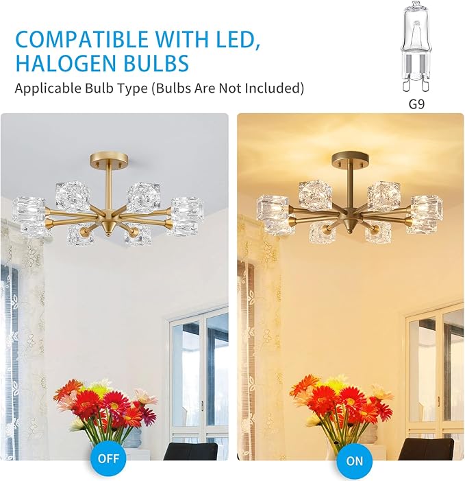 XINGQI Semi Flush Mount Ceiling Light Fixture Modern Sputnik Chandeliers 8 Lights Gold Chandelier, Fashion Lighting for Bedroom Dining Room Farmhouse Kitchen Office