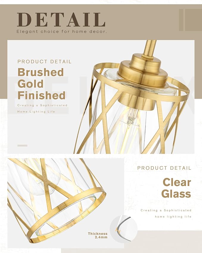 Beionxii Pendant Lights Kitchen Island, Brushed Gold Modern Kitchen Pendant Lighting Over Island, Farmhouse Industrial Cage Hanging Lighting with Clear Glass for Sink, Dining Room, BX-PL07BG