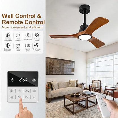 36 inch Ceiling Fans with Lights and Remote Control,Wall Switch,Solid Wood Blades,Dimmable,Reversible Quiet DC Motor,Power Off Memory Modern Black Ceiling Fan Indoor/Outdoor for Bedroom Patios