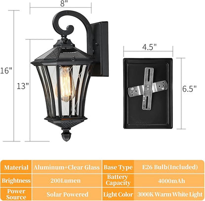 YSN 16" Solar Wall Lights Outdoor, Dusk to Dawn Exterior Lighting Fixtures, Black Solar Porch Lights Outdoor Sconce Lights, Waterproof Outside Light for House Porch Garage Yard, 1 Pack