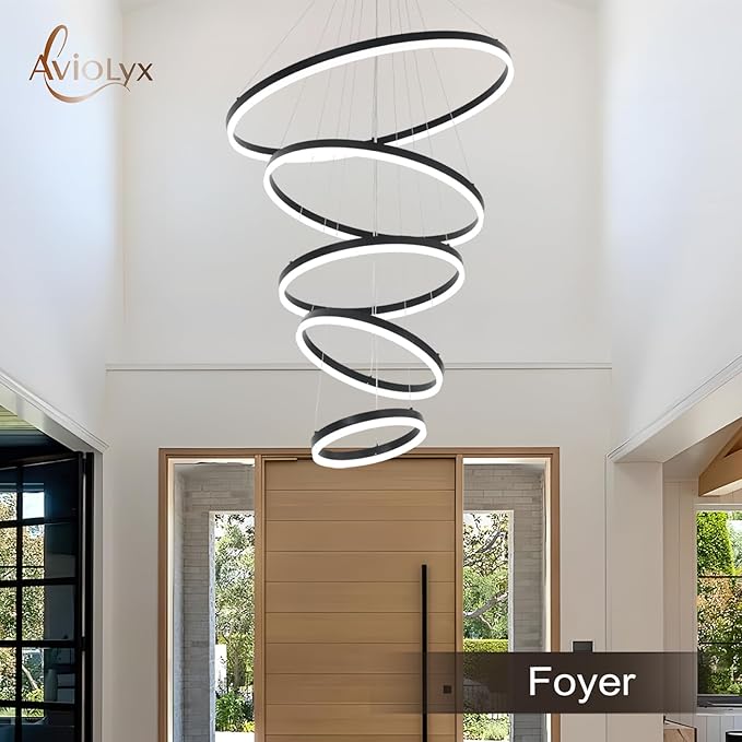 5 Rings Modern LED Chandelier Black Large High Ceiling Chandeliers with Remote Control Contemporary Pendant Light Dimmable for Staircase Entryway Living Room Foyer Villa(3000K-6500K D31.5)