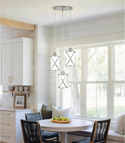 Brushed Nickel Dining Room Chandelier Light Fixture, 3-Light Pendant Lighting with Frosted Glass, Modern Kitchen Island Cluster Hanging Pendant Lights for Sink, CH9176BNW3