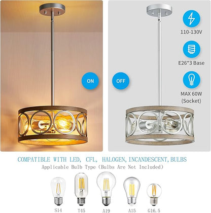 XINGQI 13" Rustic Drum Pendant Lighting Fixture Modern Chandelier 3-Light Height Adjustable Ceiling Lamp for Dining Room Kitchen Island Living Room Bedroom Foyer Hallway, Brushed Nickel