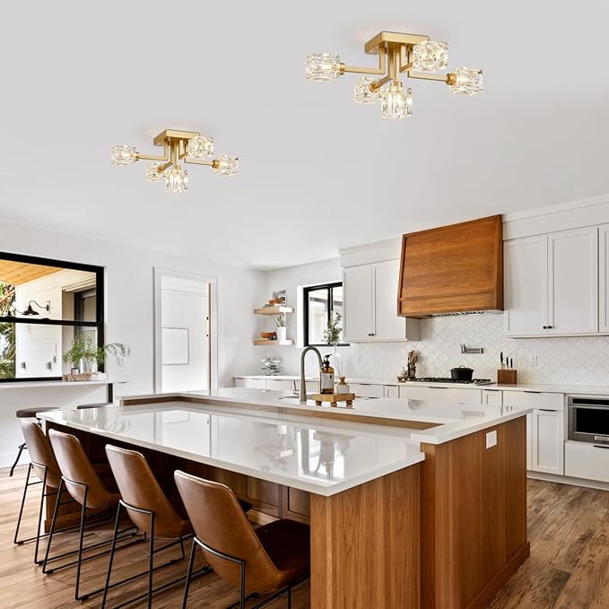 XINGQI Sputnik Chandelier Gold Modern Semi Flush Mount Ceiling Light Glass 5 Lights Farmhouse Lighting Fixtures for Dining Room Living Room Kitchen Bedroom