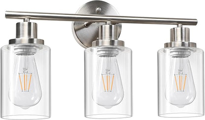 Unicozin 3 Light Vanity Lights, Brushed Nickel Wall Sconce Light with Clear Glass, Bathroom Light Fixtures, Wall Lights for Mirror, Living Room, Bedroom, Hallway, E26 Base (Bulbs Not Included)