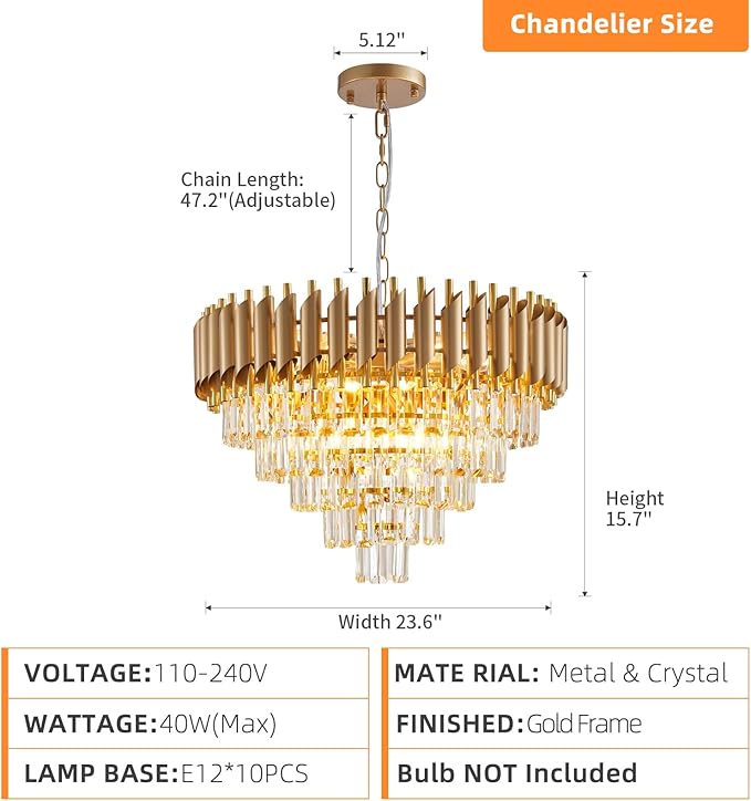 Gold Crystal Chandelier 24" Modern Living Room Chandeliers, K9 Crystal Ceiling Lights Fixtures, Round 5 Tiers Pendant Lighting Large Chandelier for Entryway Dining Room Staircase
