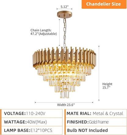 Gold Crystal Chandelier 24" Modern Living Room Chandeliers, K9 Crystal Ceiling Lights Fixtures, Round 5 Tiers Pendant Lighting Large Chandelier for Entryway Dining Room Staircase