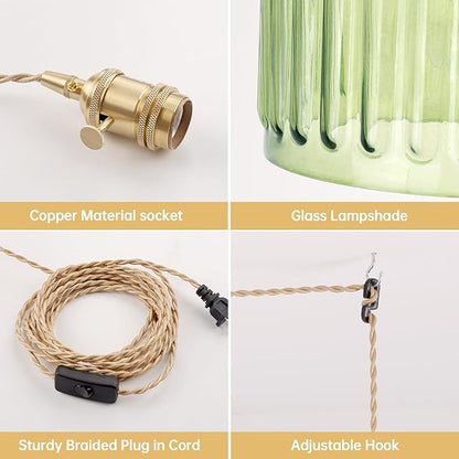 Shenmoyl Plug in Pendant Light Hanging Light Fixtures with Plugin Cord On/Off Switch,Green Striped Glass Lampshade Brass Pendant Light