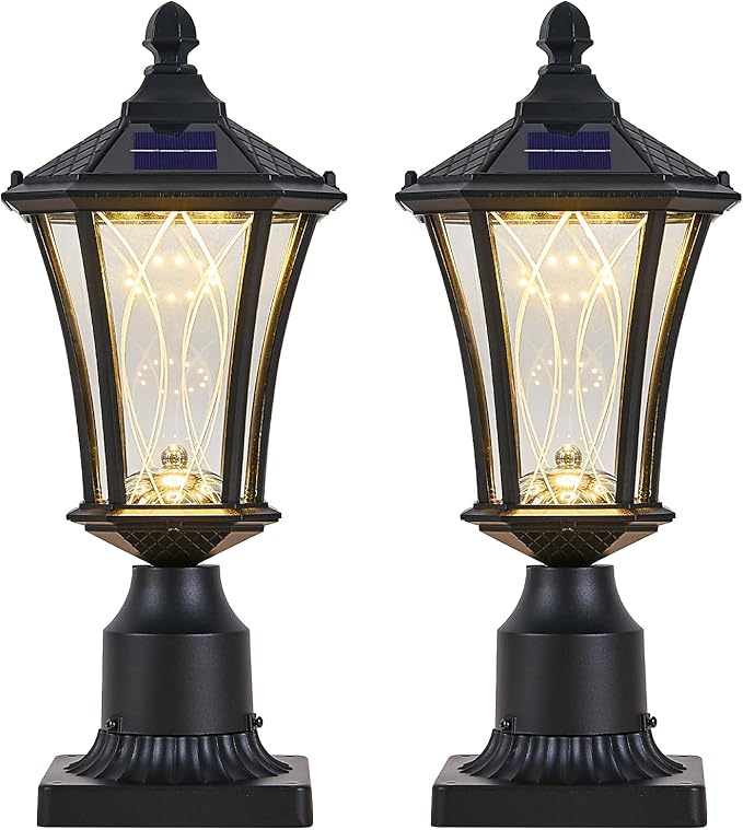 2 Pack Solar Post Lights with Pier Mount Base with Dusk to Dawn Sensor, Outdoor Pillar Lights with Toggle Switch Control, Waterproof Exterior Pole Lamps Head for Driveway, Patio, Garden, Black