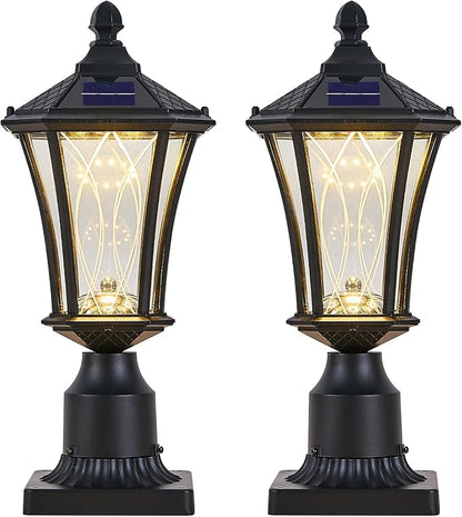 2 Pack Solar Post Lights with Pier Mount Base with Dusk to Dawn Sensor, Outdoor Pillar Lights with Toggle Switch Control, Waterproof Exterior Pole Lamps Head for Driveway, Patio, Garden, Black