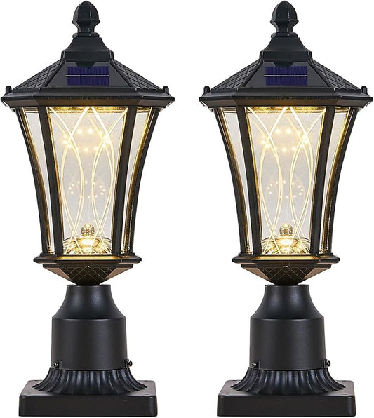 2 Pack Solar Post Lights with Pier Mount Base with Dusk to Dawn Sensor, Outdoor Pillar Lights with Toggle Switch Control, Waterproof Exterior Pole Lamps Head for Driveway, Patio, Garden, Black