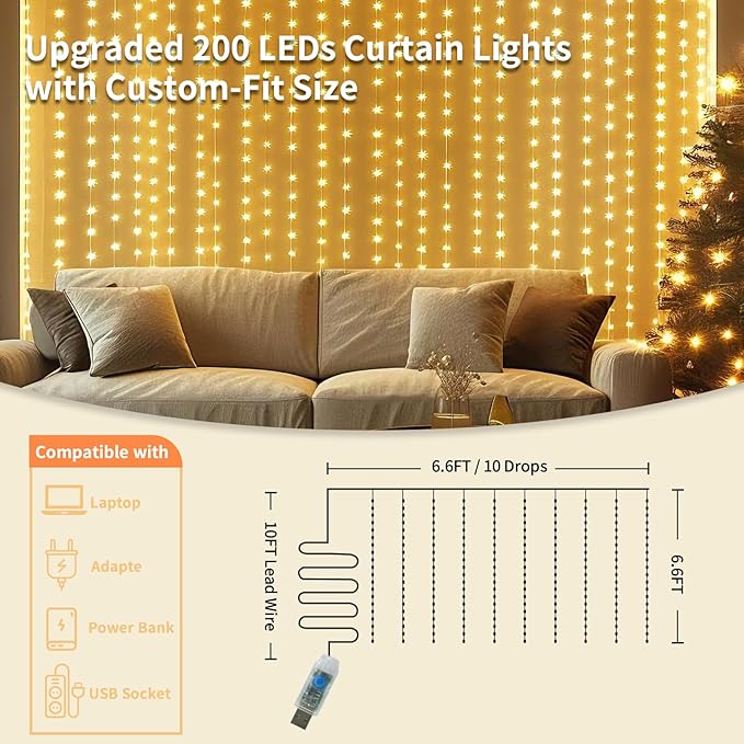 2 Pack Fairy Curtain Lights, 200 LED Upgraded Tangle-Free Hanging Lights with Remote, USB Plug in String Lights for Wall Window Wedding Party Xmas Home Décor - 6.6 x 6.6 Ft, Warm White