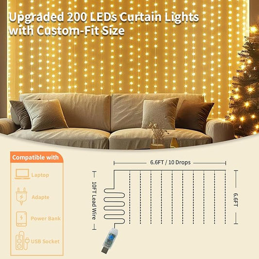 2 Pack Fairy Curtain Lights, 200 LED Upgraded Tangle-Free Hanging Lights with Remote, USB Plug in String Lights for Wall Window Wedding Party Xmas Home Décor - 6.6 x 6.6 Ft, Warm White
