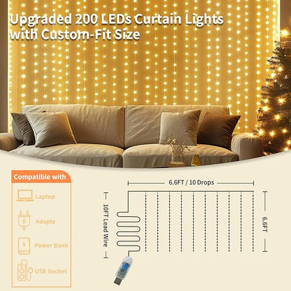 Fairy Curtain Lights, 200 LED Upgraded Tangle-Free Hanging Lights with Remote, USB Plug in String Lights for Bedroom Wall Window Wedding Party Xmas Home Décor - 6.6 x 6.6 Ft, Warm White