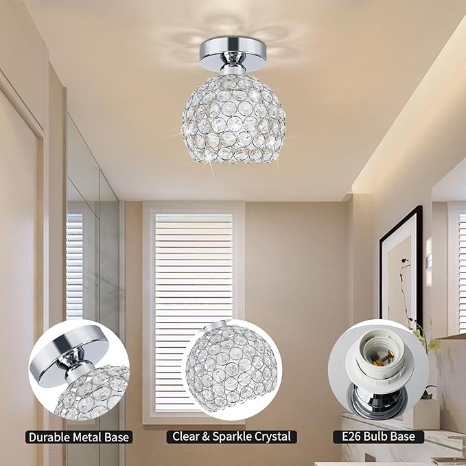 TISLYCO Small Chandelier for Hallway, Modern Semi Flush Mount Light Fixture Silver Crystal Chandelier, Ceiling Light Fixture for Foyer Closet Entryway Kitchen Bedroom Dining Room