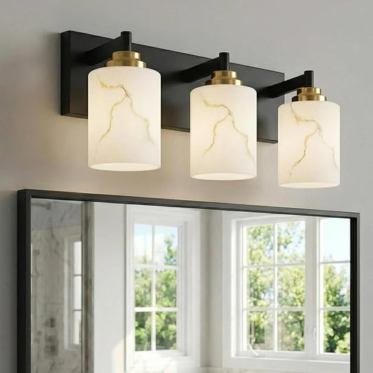3-Light Bathroom Light Fixture, Black and Gold Modern Vanity Light with White Marble Glass Shade, for Bathroom Mirror, Living Room, Bedroom, Hallway, E26 Base, Extended Base