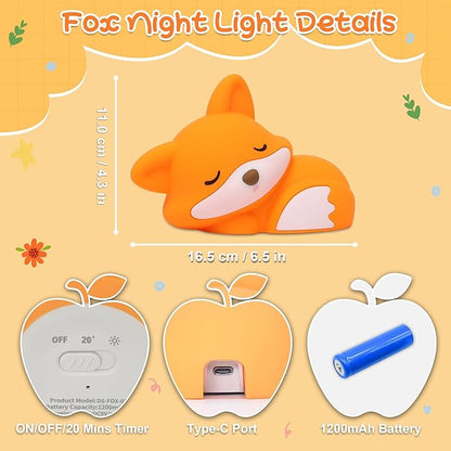 Fox Night Light for Kids, Cute Silicone Lamp with Dimmable 20 Mins Timer, Squishy Animal Nightlight Kids Bedside Decoration Light, Christmas White Elephant Gifts Idea for Baby Girl Boy Friend
