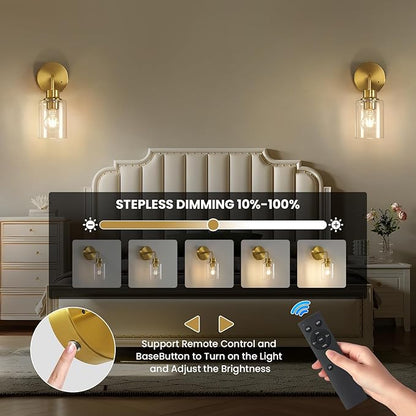 Epinl Battery Operated Wall Sconce Set of Two - Dimmable Wireless Sconces Set of 2 with Remote Control, Cordless Rechargeable Gold Wall Lights 3000K Modern Wall Lamp for Bathroom Bedroom Living Room