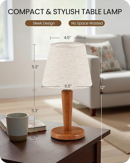 12" Wood Bedside Table Lamps Set of 2, Small Desk Lamps for Small Places, 3 Color Temperatures with Memory, Beige Linen Shade & E26 Bulbs, for Bedroom Living Room Office LE13TLP205