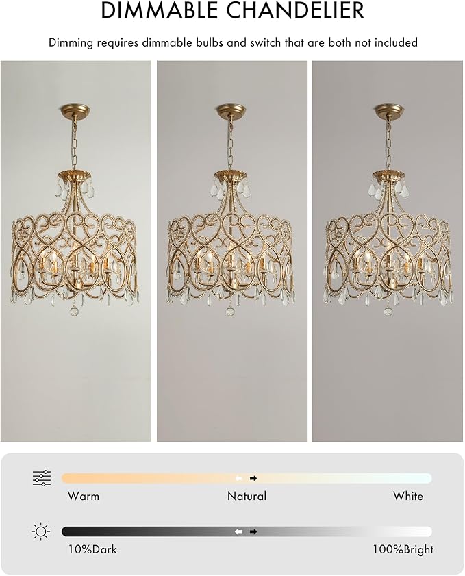KSRYSZCQ 5-Light Crystal Chandelier 20“ French Country Chandelier Antique Silver Drum Chandelier for Dining Room Bedroom Living Room Kitchen Island