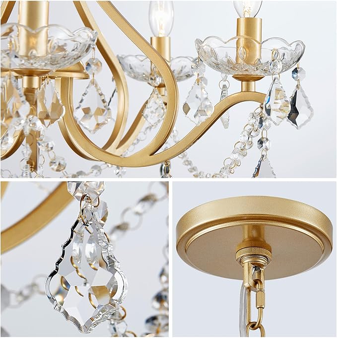WUZUPS Crystal 5-Light Candle Chandelier Pendant Flushmount Ceiling Light Modern Lighting Fixture for Bedroom Hallway Bar Kitchen Bathroom, H 20.9" x W 21.7", Gold, E12 Base