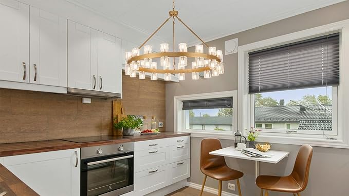 36 Inch Glod Wagon Wheel Chandelier with 36 Lights Crystal Shade, Modern Farmhouse Round High Ceilings Pendant Light Fixture for Living/Dining Room, Kitchen, Bedroom, Foyer