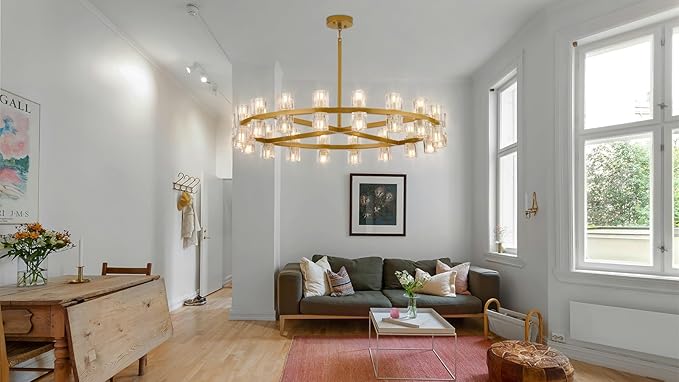 36 Inch Gold Crystal Wagon Wheel Chandelier, Modern Farmhouse Round 36-Lights Pendant Lighting Fixture, for High Ceilings Living Room, Bedroom, Foyer