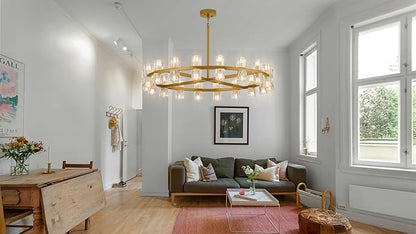 36 Inch Gold Crystal Wagon Wheel Chandelier, Modern Farmhouse Round 36-Lights Pendant Lighting Fixture, for High Ceilings Living Room, Bedroom, Foyer