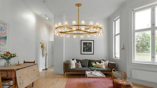 36 Inch Gold Crystal Wagon Wheel Chandelier, Modern Farmhouse Round 36-Lights Pendant Lighting Fixture, for High Ceilings Living Room, Bedroom, Foyer