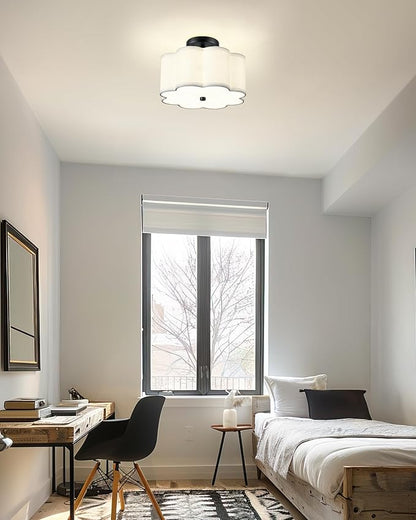 Semi Flush Mount Ceiling Lights, 3-Light 13" Ceiling Light Fixtures with Fabric Shade in Flower Shape, Matte Black Drum Lighting for Nursery Hallway Bedroom Kitchen, AD-22007-3SF-BK