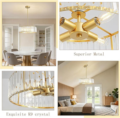 Modern Crystal Chandelier for Dining Room,16 Inch Gold Semi Flush Mount Ceiling Light Fixture,Round Kitchen Hanging Drum Pendant Lights Ceiling for Bedroom Foyer Hallway， 4-Light