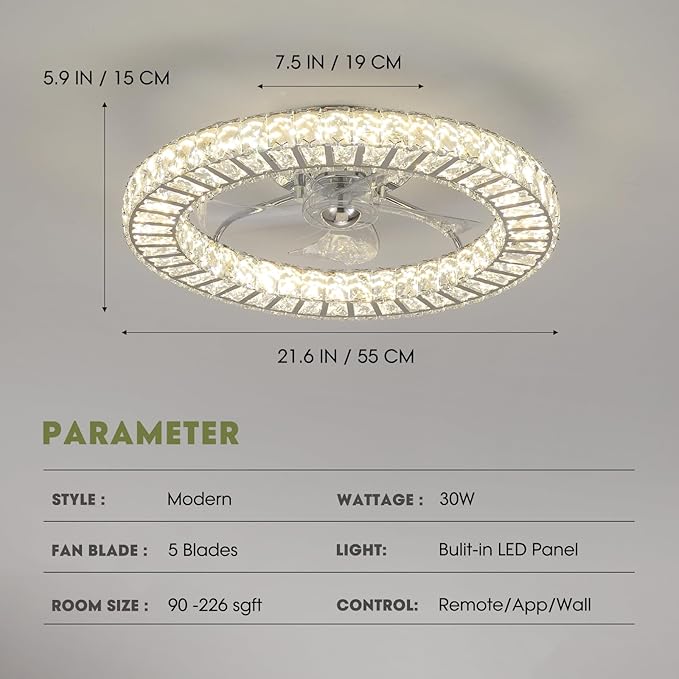 LUDOMIDE 22" Modern Crystal Chandelier Ceiling Fan With Light, Smart 4-Light Color Change, LED Fandelier, Low Profile for Bedroom (Silver)
