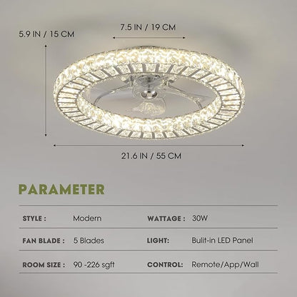 LUDOMIDE 22" Modern Crystal Chandelier Ceiling Fan With Light, Smart 4-Light Color Change, LED Fandelier, Low Profile for Bedroom (Silver)