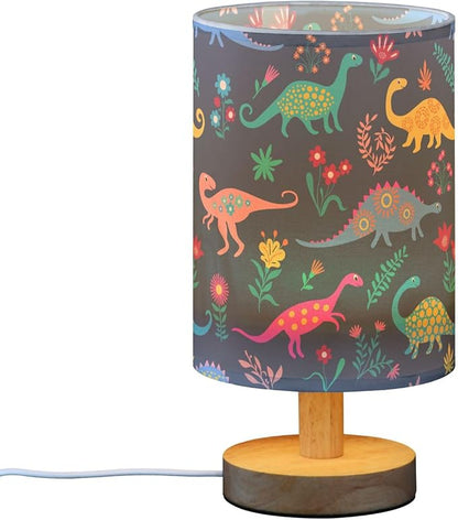 Table Lamp Dinosaur Floral Pattern Nightstand Lamp with Wood Base Fabric Lamp Shade Bedside Desk Lamp for Living Room Bedroom Kids Room Office