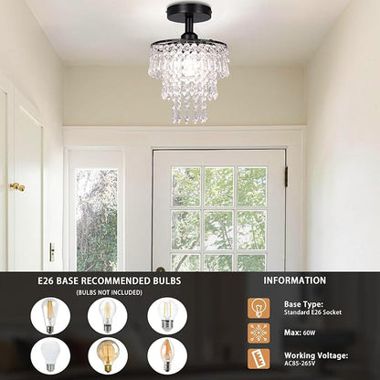 FRIXCHUR Small Crystal Chandelier Flush Mount Ceiling Light 3 Tiers Raindrops Crystal Chandeliers for Bedroom Hallway Foyer Living Room Entryway Closet, Black