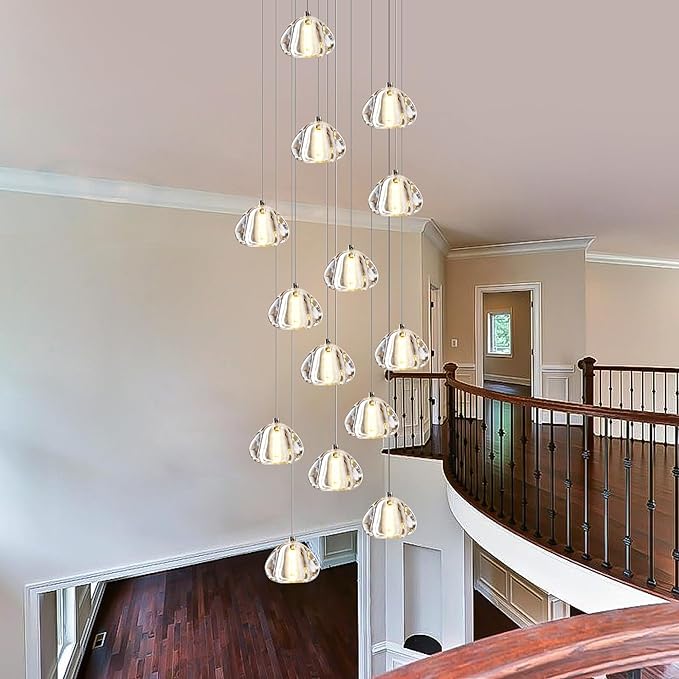 Modern Crystal Chandelier 14-Lights High Ceiling Raindrop Chandelier Lighting Fixture, Large LED Round Indoor Lighting Fixture Gold for Foyer Staircase Living Room