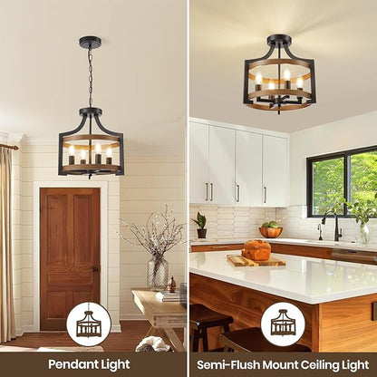 HOXIYA Farmhouse Chandelier, Convertible Semi Flush Mount Ceiling Light, 4 Light Modern Hanging Pendant Lighting, Black and Faux Wood Pendant Light Fixture for Dining Room Kitchen Hallway Bedroom