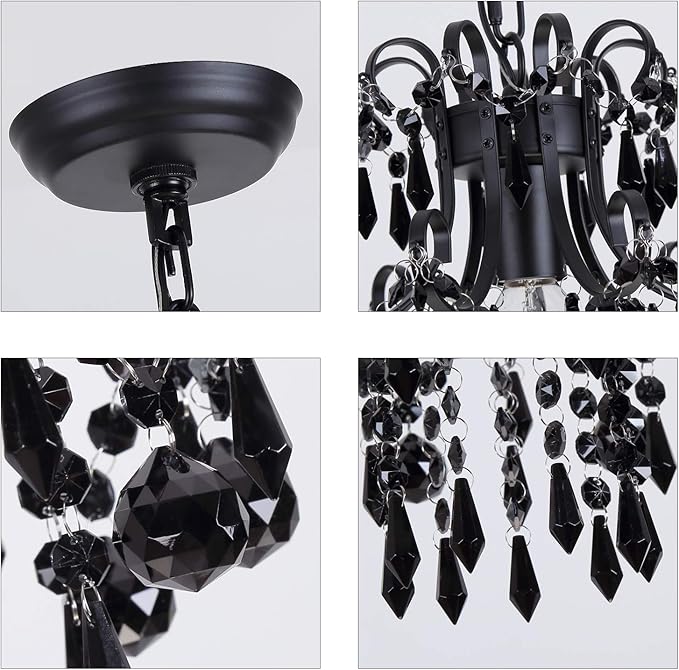 Q&S Mini Crystal Chandelier, Modern Black Small Chandelier 1-Light Crystal Pendant Light Fixture for Princess House Nursery Girls Hallway Entryway Bedroom Foyer Bathroom Kitchen W11.8 UL Listed