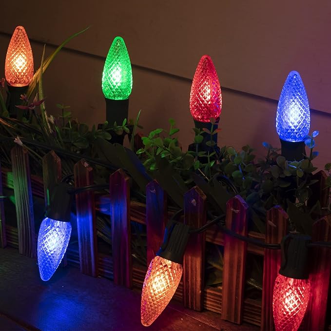 C9 Christmas Pathway Lights Outdoor, 25.7 Feet 20 LED C9 Strawberry Walkway Lights with Marker Stakes, Connectable Shatterproof C9 String Lights for Lane Outside Yard Decorations, Multicolored