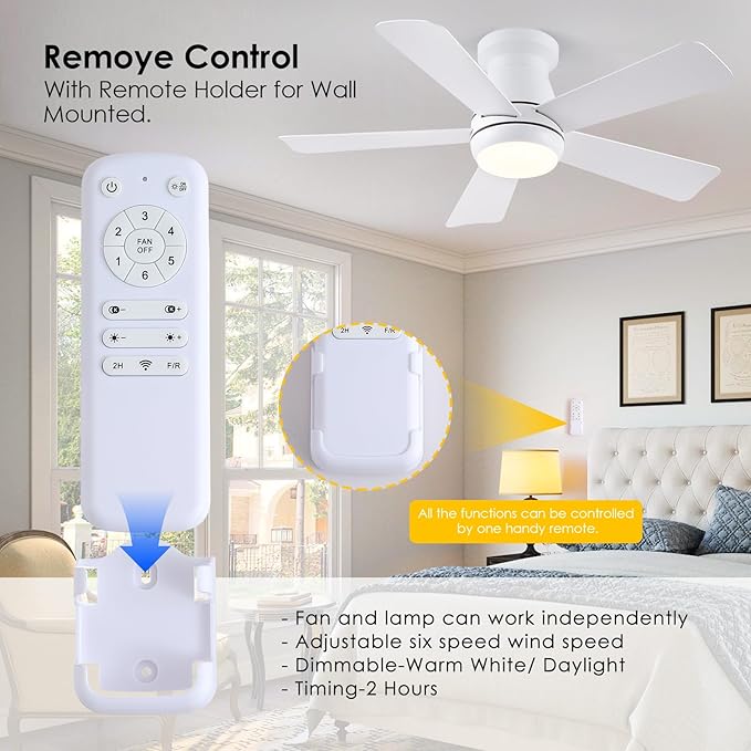 Hounberi Ceiling Fans with Light and Remote,40" White Flush Mount Ceiling Fan with Dimmable LED,6 Speeds DC Reversible,Timer, Noiseless, Indoor Low Profile Ceiling Fans for Bedroom,Kitchen
