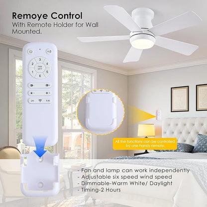 Hounberi Ceiling Fans with Light and Remote,40" White Flush Mount Ceiling Fan with Dimmable LED,6 Speeds DC Reversible,Timer, Noiseless, Indoor Low Profile Ceiling Fans for Bedroom,Kitchen