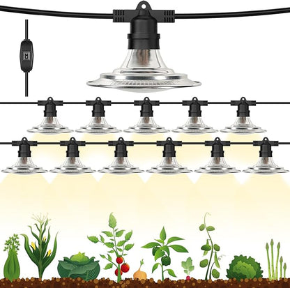 Outdoor LED Grow Lights for Greenhouse 12-Light Waterproof String Grow Light, Full Spectrum LED Plant Grow Light Lamp, Waterproof Greenhouse Grow Lights for Seedling, Veg, Flower