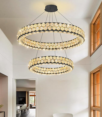 2 Rings Crystal Chandeliers for Dining Room for Living Room Bedroom High Ceiling Light Fixture LED Dimmable with Remote Ring Lights Black