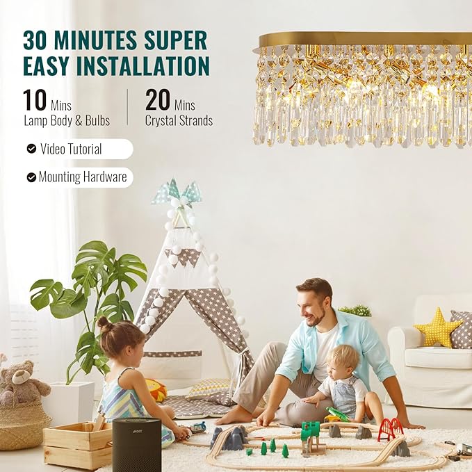 Siljoy 12-Light Modern Gold Crystal Raindrop Chandelier for Dining Room, Luxury Oval Flush Mount Crystal Pendant Ceiling Light Fixture for Living Room Kitchen Island Bar L47''xW11''xH10.6''