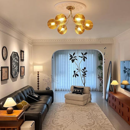 Glass Flush Mount Light 6-Light Gold Mid Century Chandelier Amber Glass Close to Ceiling Light Antique Gold Modern Chandelier Light Fixtures for Bedroom Living Dining Room
